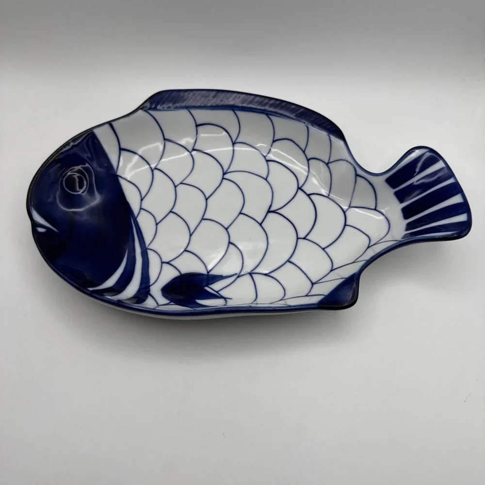 Vintage 90s Dansk Arabesque Fish Bowl Serving Platter Plate Blue & White